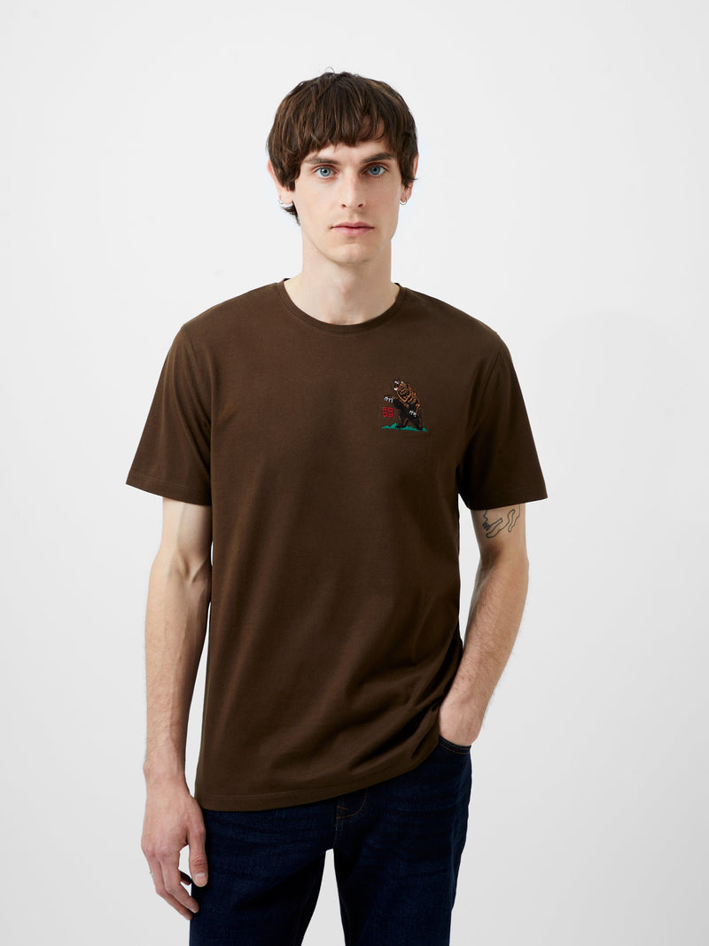 french connection Embroidered Bear Organic Graphic T-Shirt Truffle Brown
