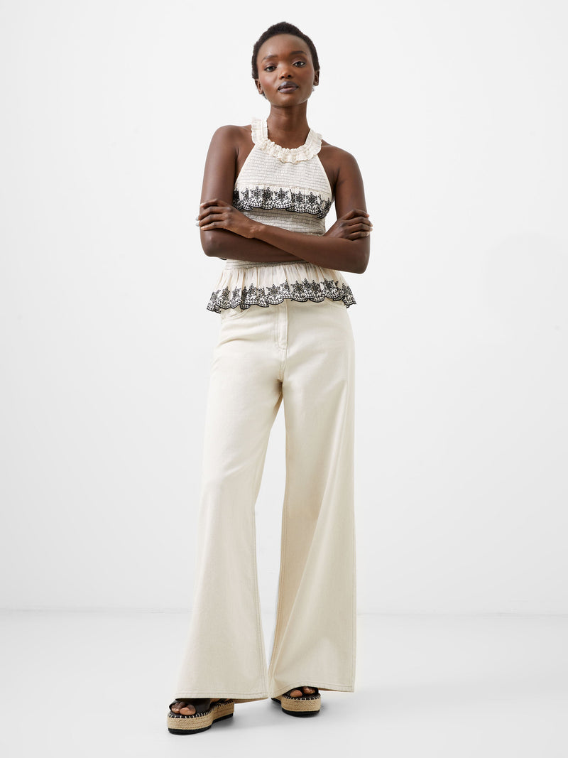 French Connection Embroidered Felicity Halterneck Top Classic Cream/Black