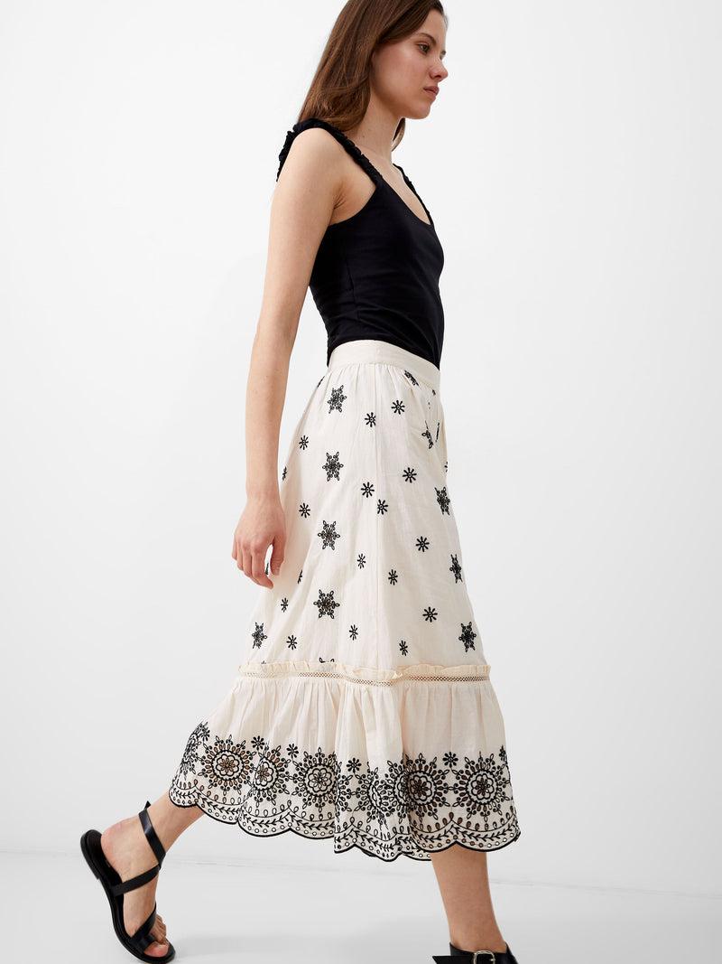 French Connection Embroidered Felicity Midi Skirt Classic Cream/Black
