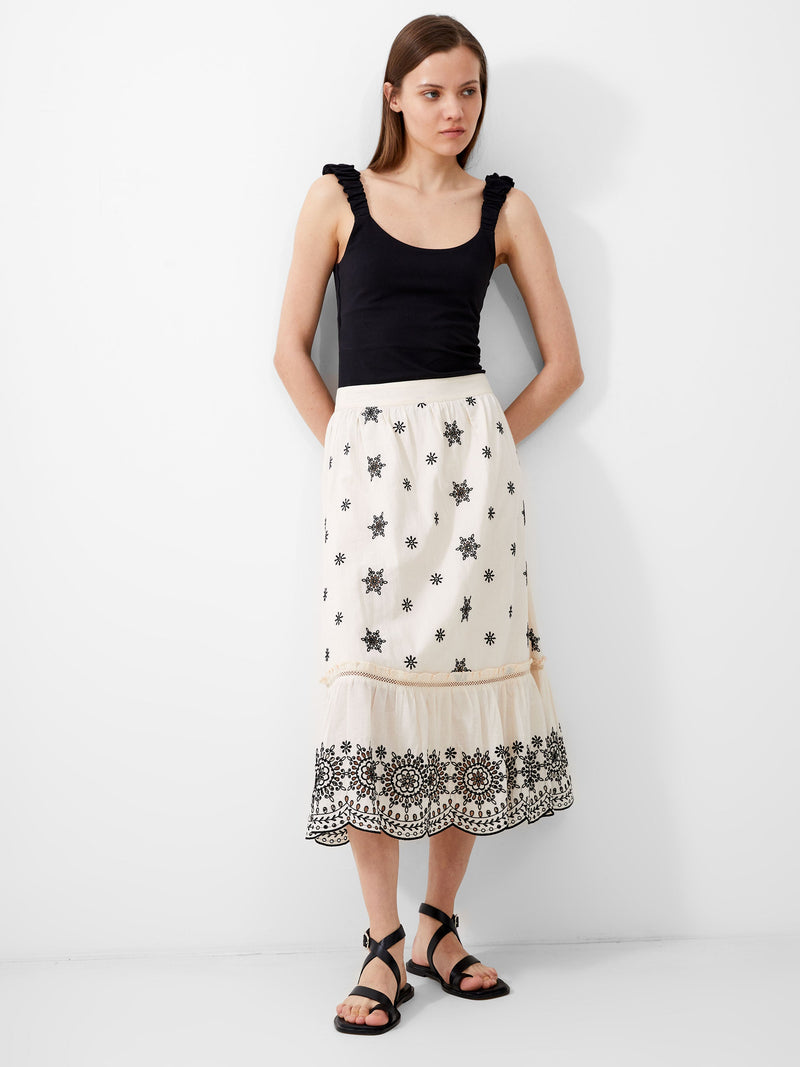 french connection Embroidered Felicity Midi Skirt Classic Cream/Black