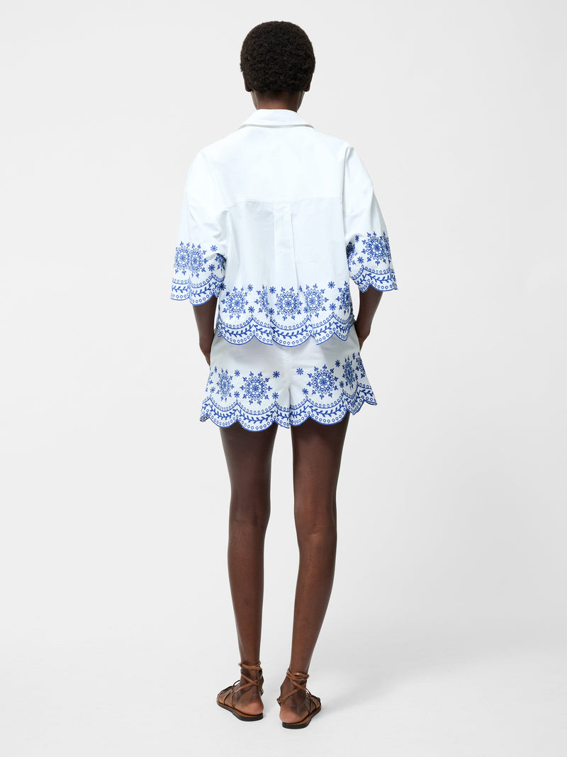 French Connection Embroidered Hem Popover Short Sleeve Shirt Linen White Multi