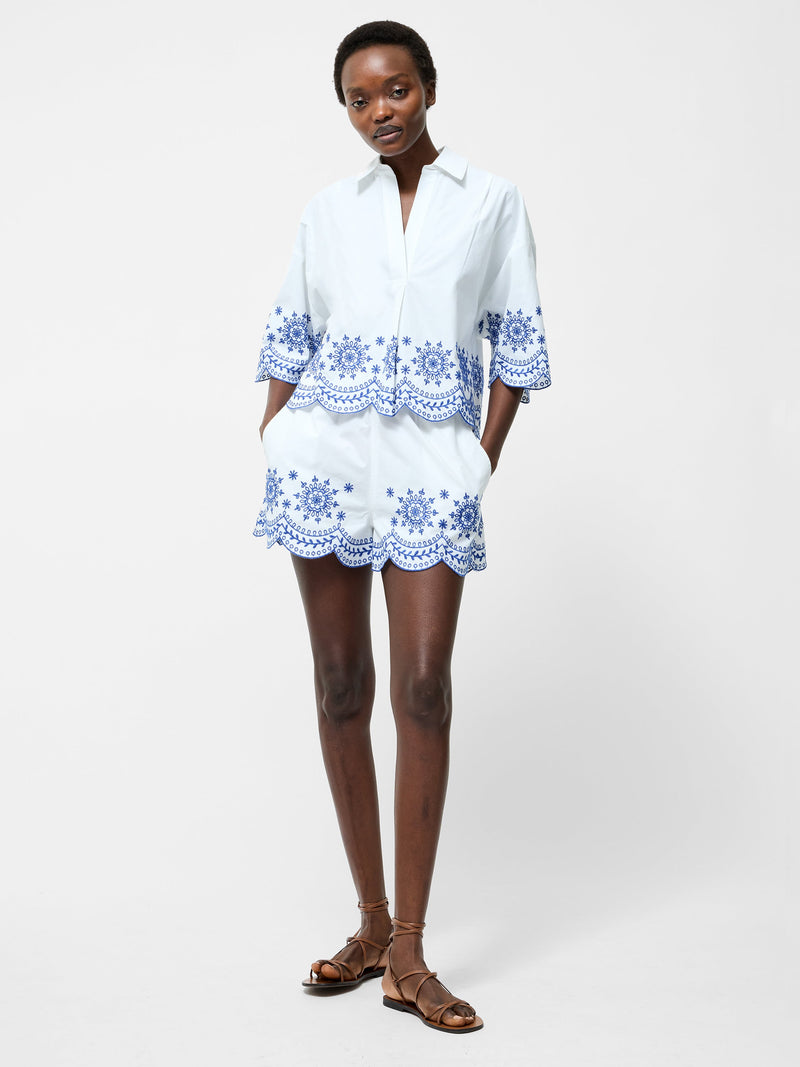 French Connection Embroidered Hem Popover Short Sleeve Shirt Linen White Multi