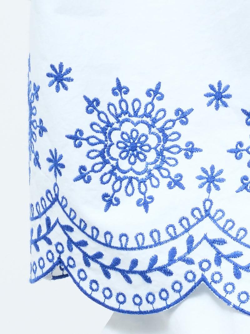 French Connection Embroidered Hem Popover Short Sleeve Shirt Linen White Multi