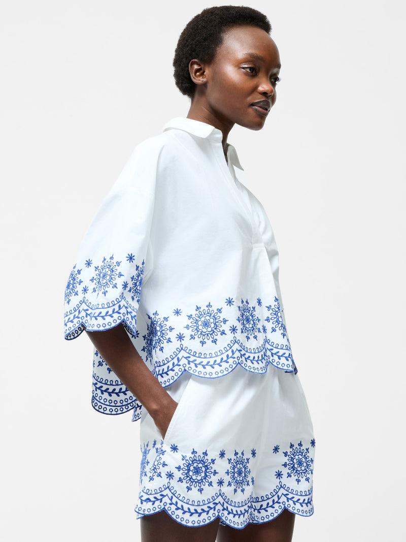 french connection Embroidered Hem Popover Short Sleeve Shirt Linen White Multi