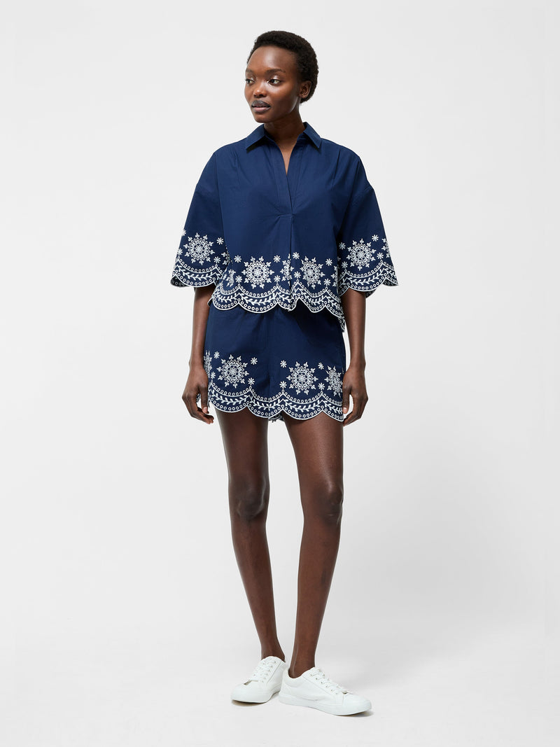 French Connection Embroidered Hem Popover Short Sleeve Shirt Midnight/Linen White