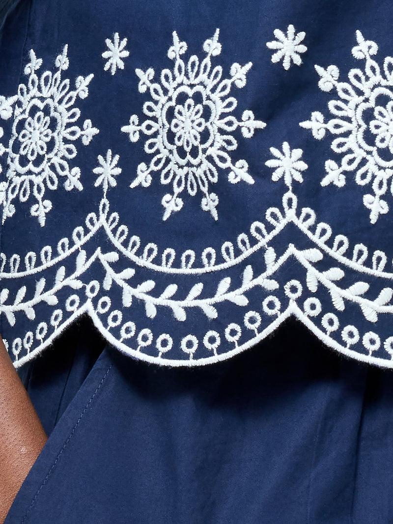 French Connection Embroidered Hem Popover Short Sleeve Shirt Midnight/Linen White