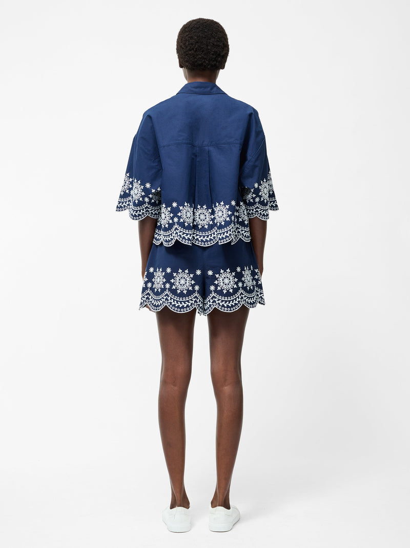 French Connection Embroidered Hem Popover Short Sleeve Shirt Midnight/Linen White