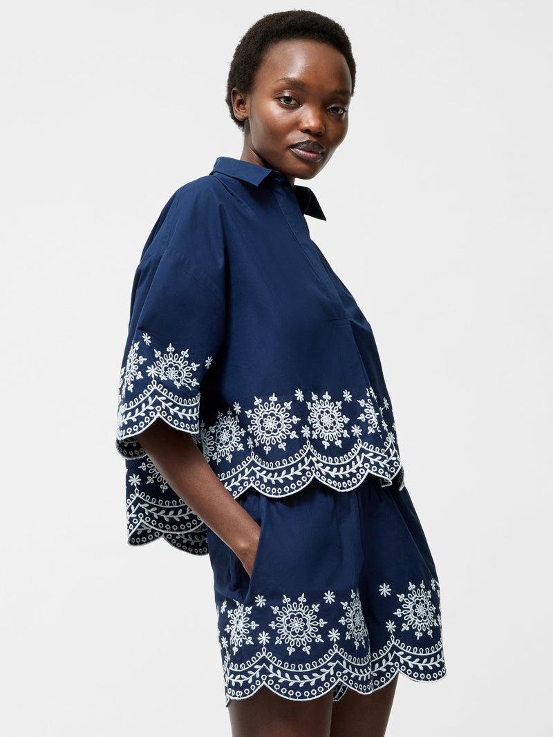 french connection Embroidered Hem Popover Short Sleeve Shirt Midnight/Linen White