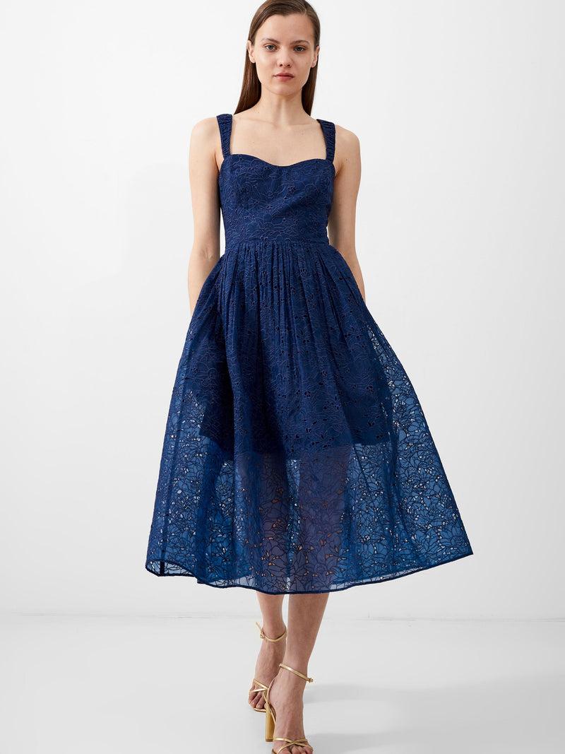 french connection Embroidered Lace Strappy Dress Midnight Blue