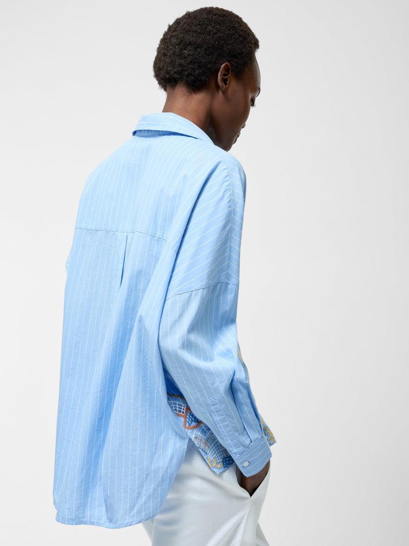 French Connection Embroidered Poplin Stripe Popover Shirt Cashmere Blue