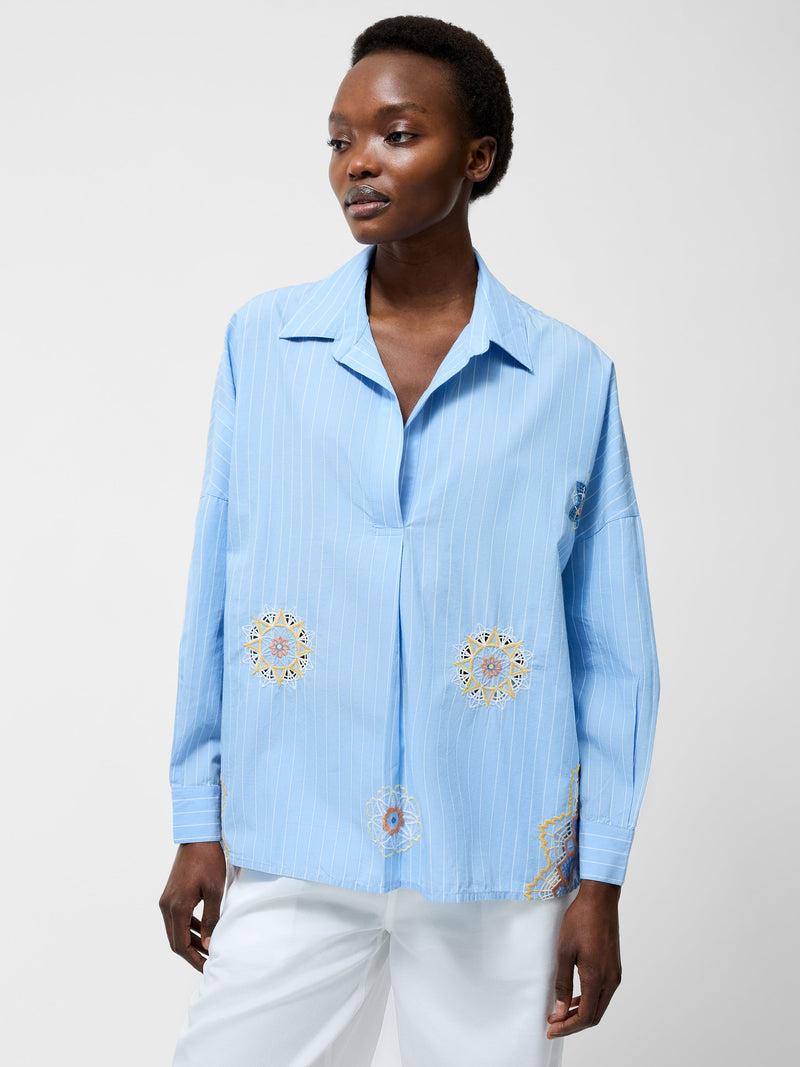 french connection Embroidered Poplin Stripe Popover Shirt Cashmere Blue