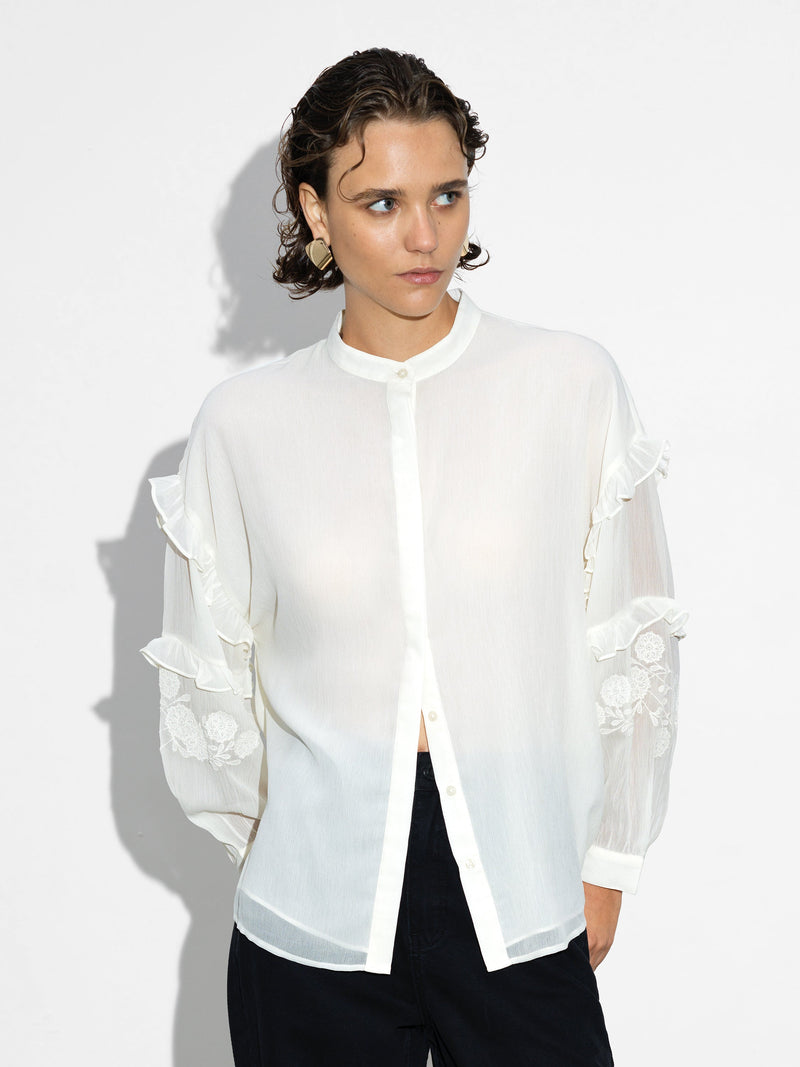 French Connection Emina Chiffon Embroidered Shirt Porcelain Cream