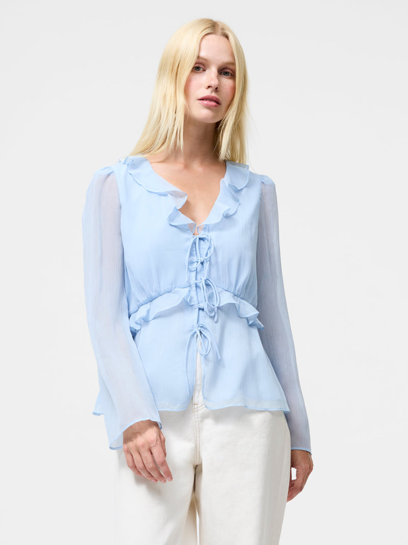 French Connection Emina Chiffon Frill Tie Up Top Arctic Blue