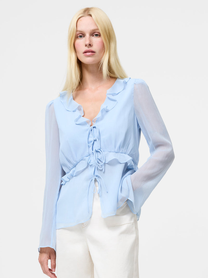 french connection Emina Chiffon Frill Tie Up Top Arctic Blue