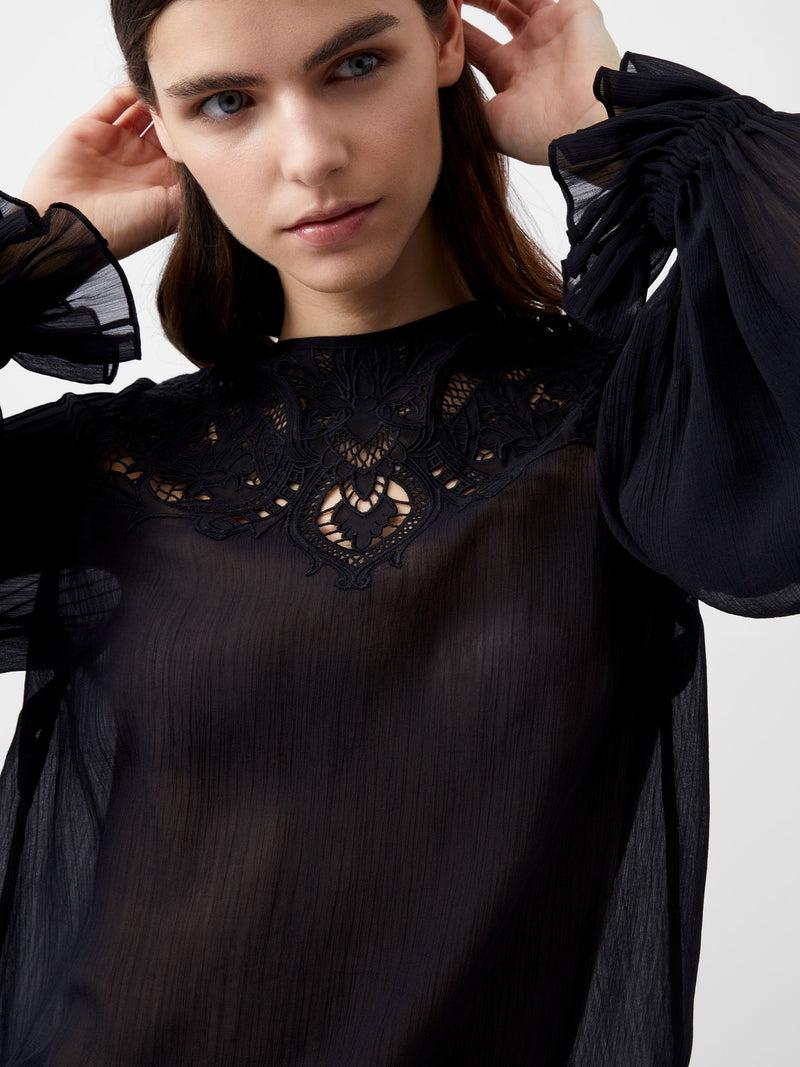 French Connection Emina Chiffon Lace Blouse Blackout