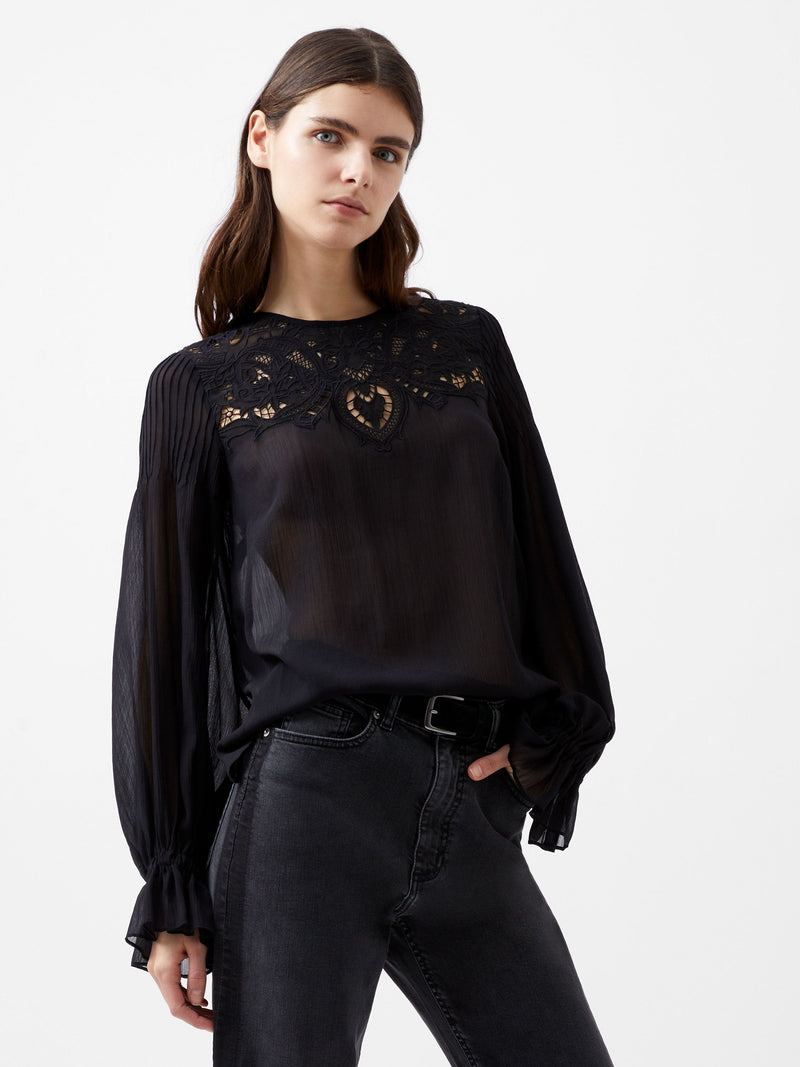 french connection Emina Chiffon Lace Blouse Blackout