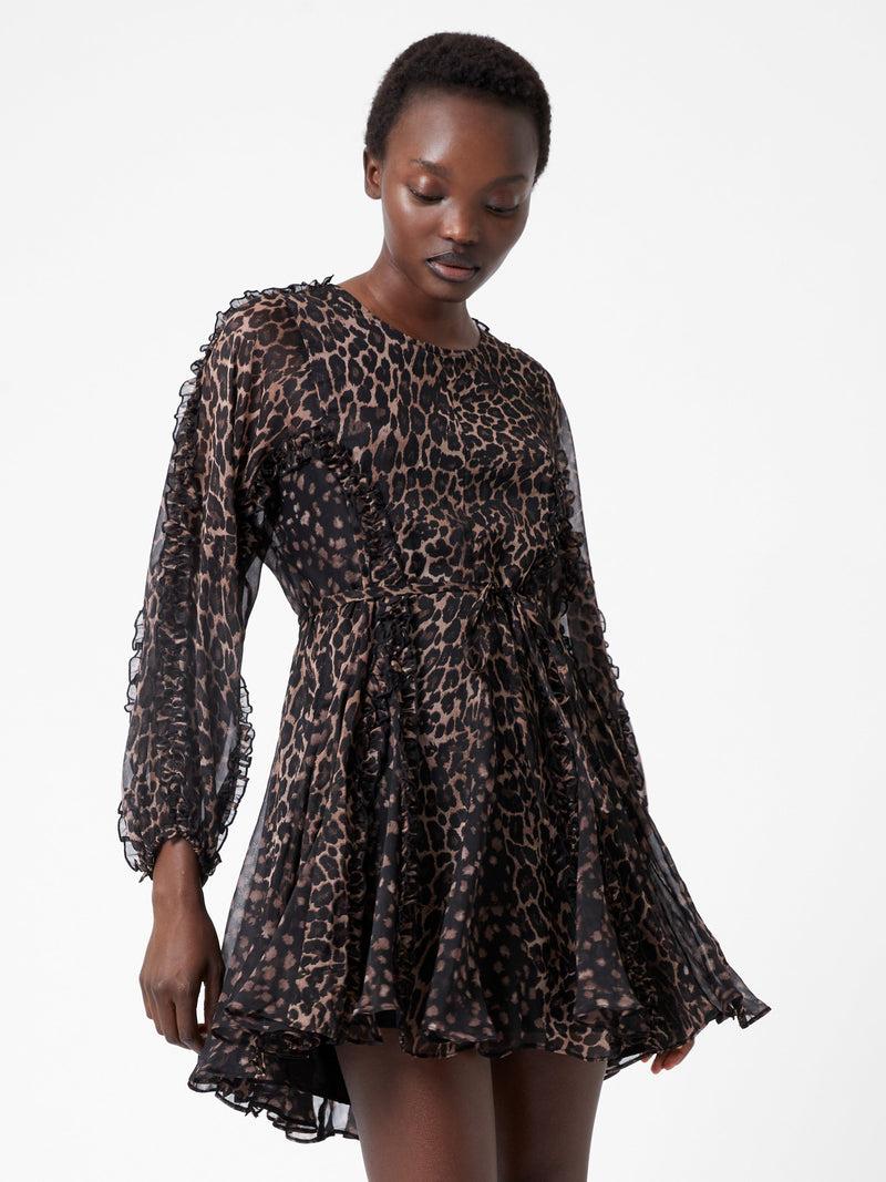 French Connection Emina Chiffon Leopard Print Long Sleeve Mini Dress Leopard