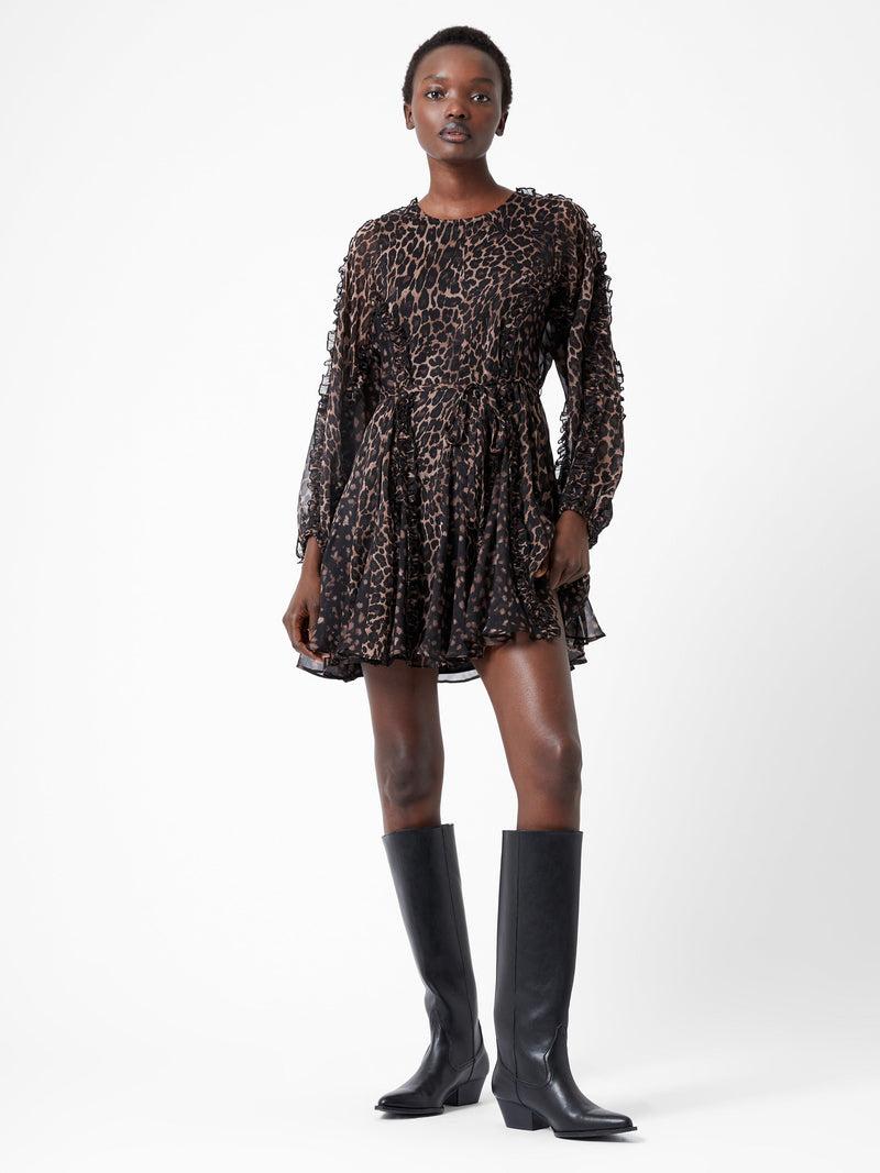 French Connection Emina Chiffon Leopard Print Long Sleeve Mini Dress Leopard
