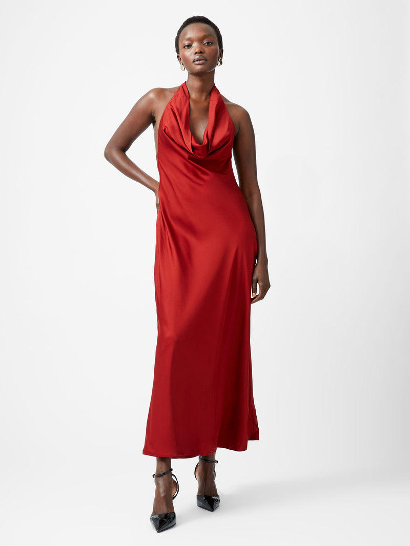 French Connection Ennis Eco Satin Halterneck Midi Dress Wine