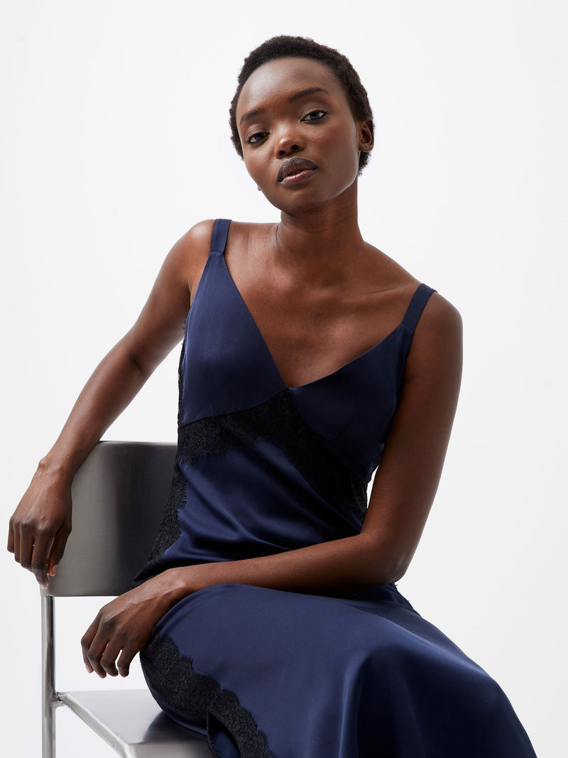 French Connection Ennis Eco Satin Lace Dress Marine/Black