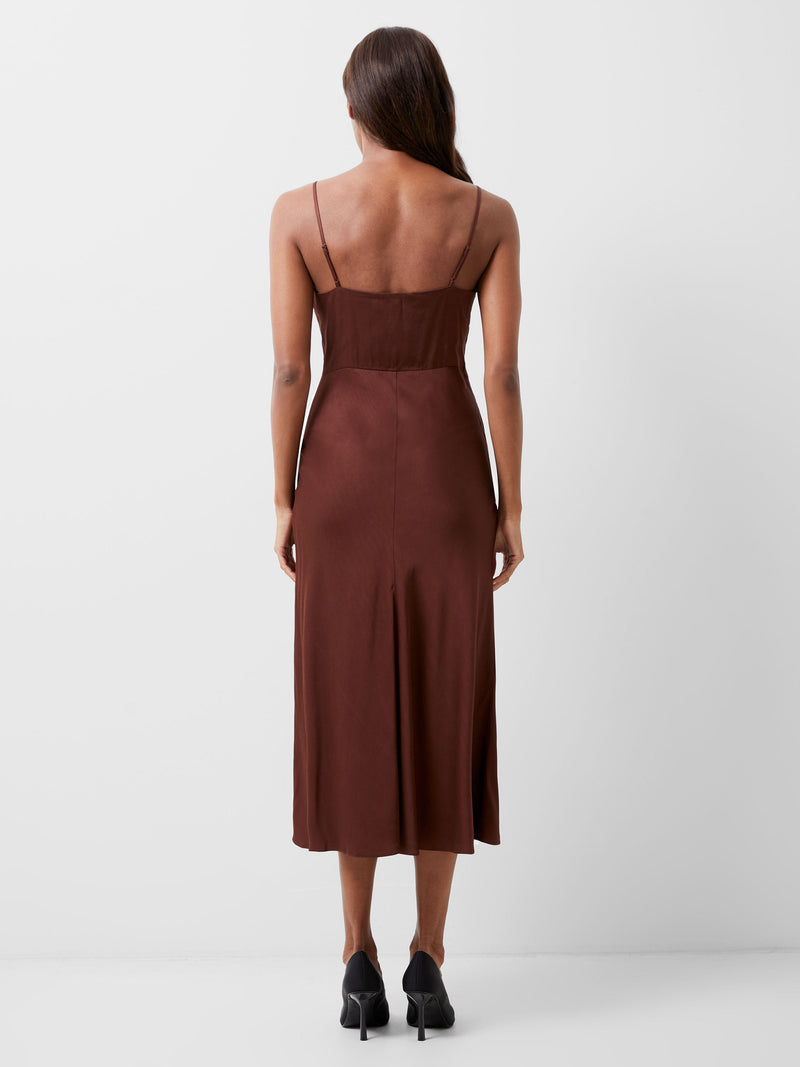 French Connection Ennis Eco Satin Slip Midi Dress Chocolate Fondant