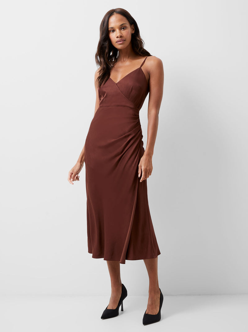 french connection Ennis Eco Satin Slip Midi Dress Chocolate Fondant