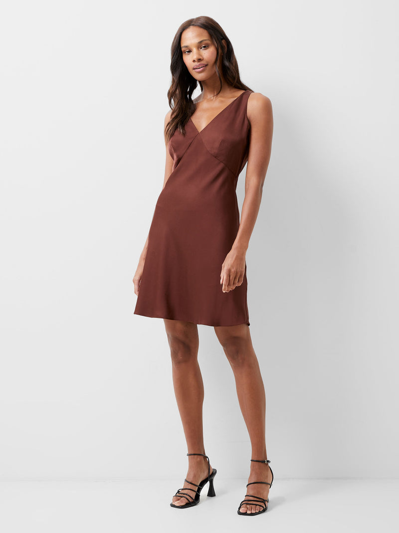 French Connection Ennis Eco Satin Slip Mini Dress Chocolate Fondant