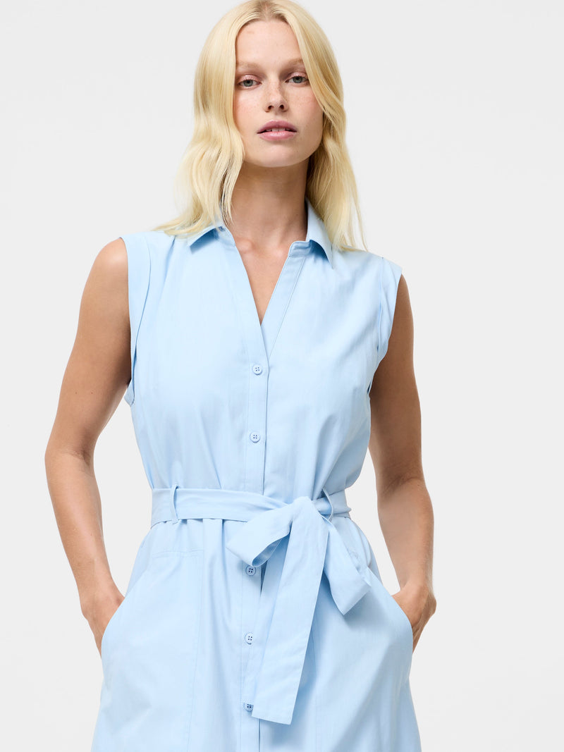 French Connection Era Poplin Sleeveless Belted Midaxi Dress Sky Blue