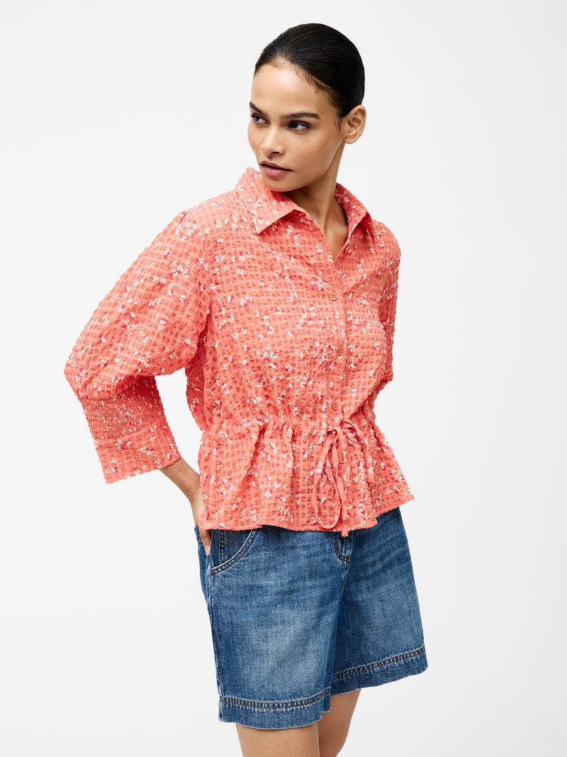 French Connection Erin Seersucker Tie Waist Shirt Coral Multi
