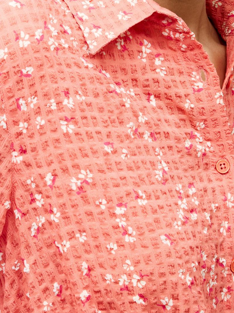 French Connection Erin Seersucker Tie Waist Shirt Coral Multi