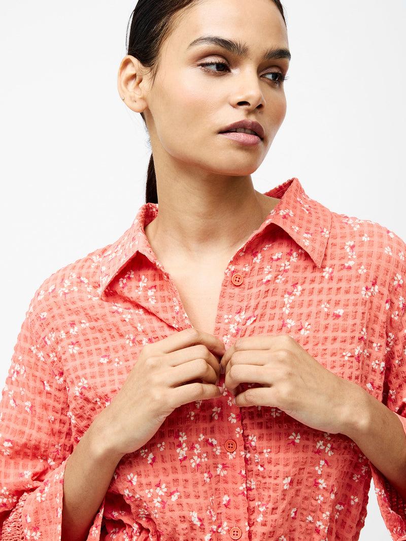 French Connection Erin Seersucker Tie Waist Shirt Coral Multi