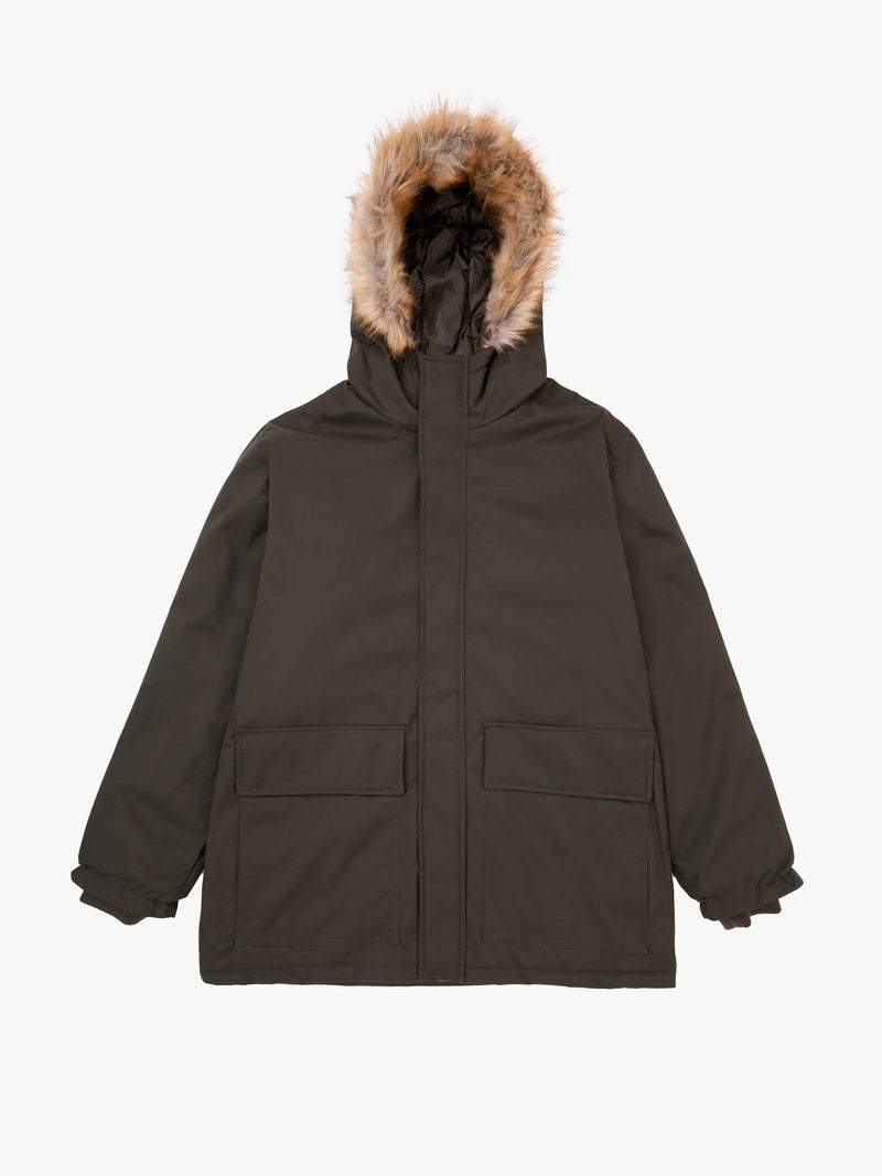 french connection Faux Fur Hooded Long Parka Jacket Khaki