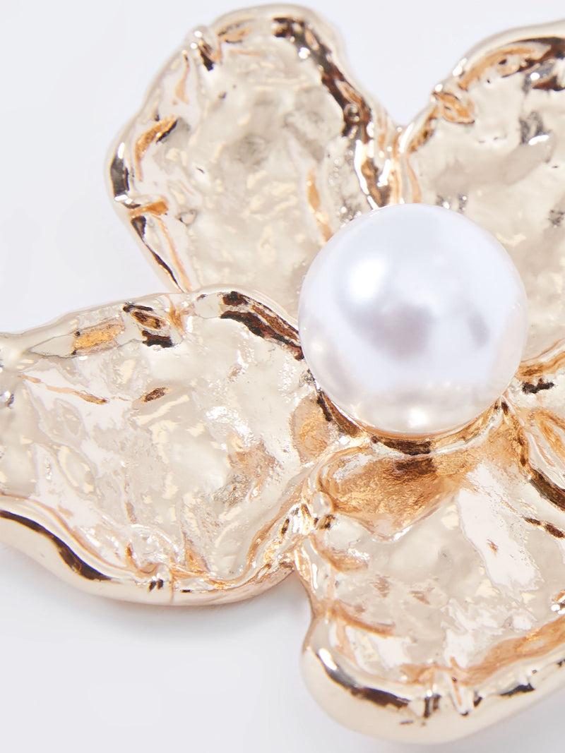 French Connection Faux Pearl Detail Flower Brooch Gold