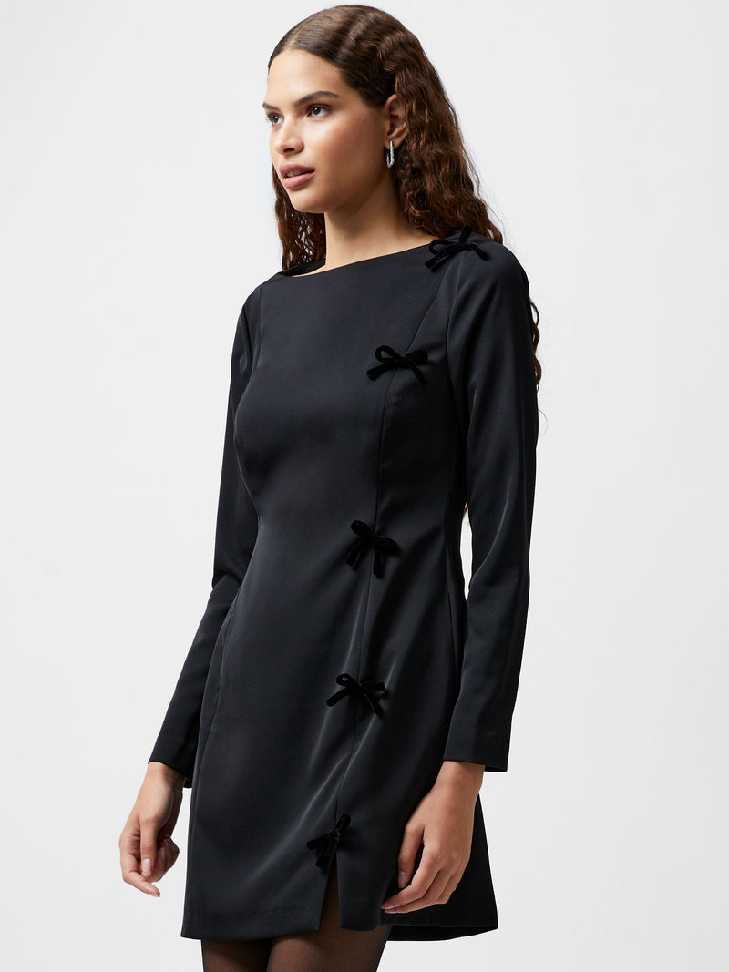 french connection Fenix Satin Bow Long Sleeve Mini Dress Blackout