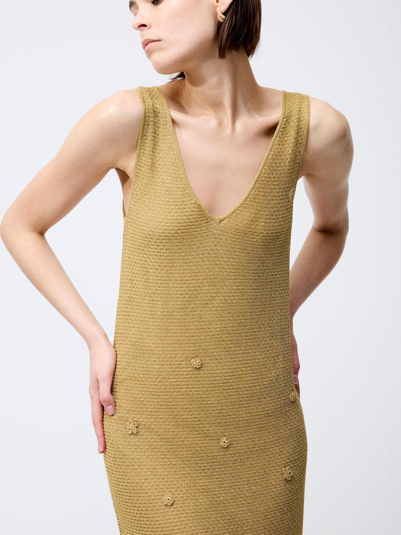 French Connection Floral Applique Metallic Midi Dress Gold