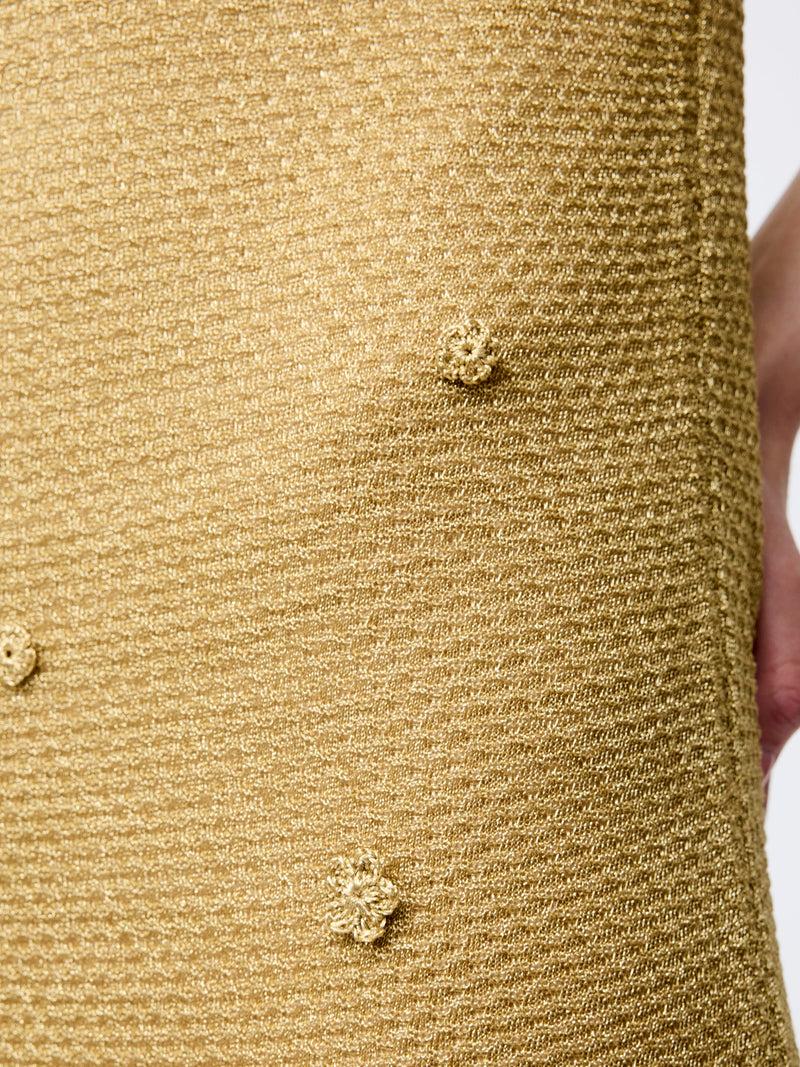 French Connection Floral Applique Metallic Midi Dress Gold