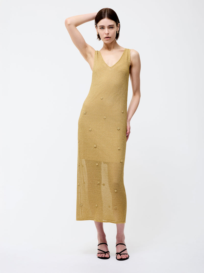 french connection Floral Applique Metallic Midi Dress Gold