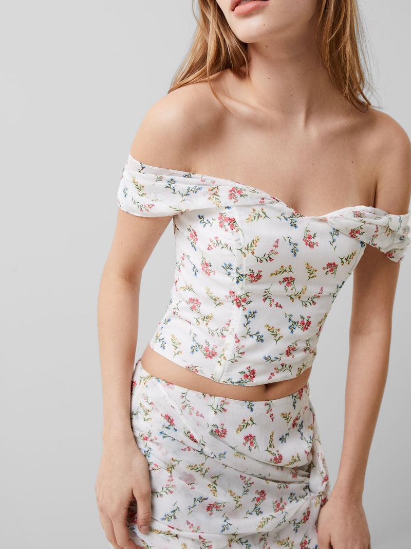 French Connection Floriana Hallie Crinkle Bardot Top Summer White