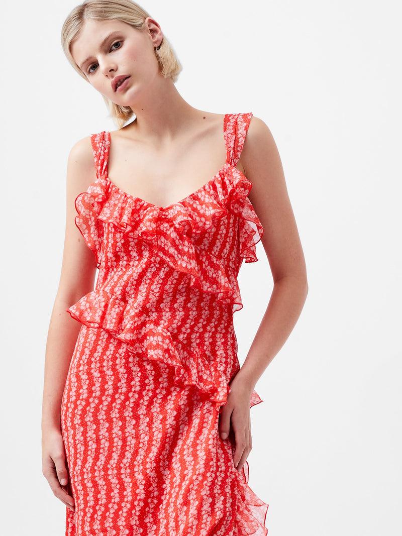 French Connection Frances Crinkle Ruffle Dress Cayenne Red/White