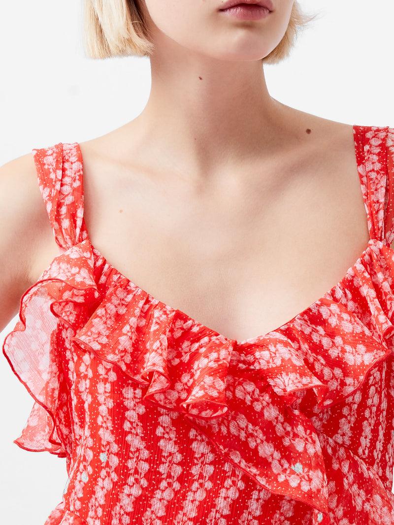 French Connection Frances Crinkle Ruffle Dress Cayenne Red/White