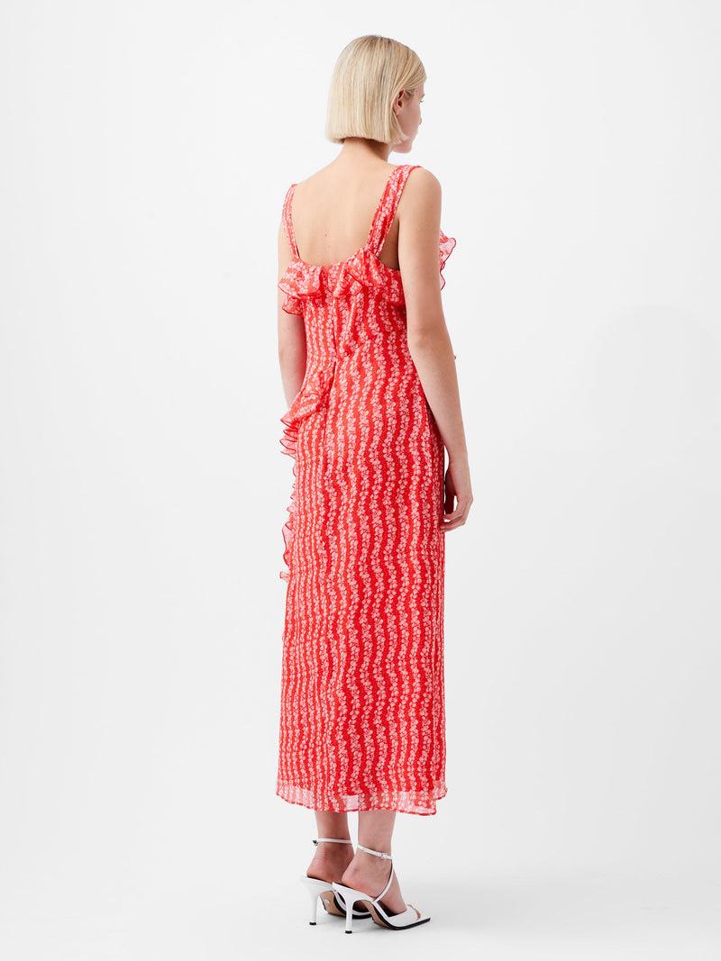 French Connection Frances Crinkle Ruffle Dress Cayenne Red/White