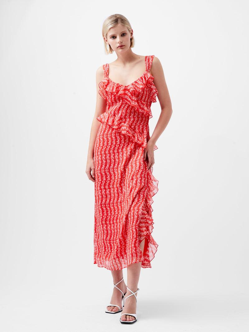 french connection Frances Crinkle Ruffle Dress Cayenne Red/White