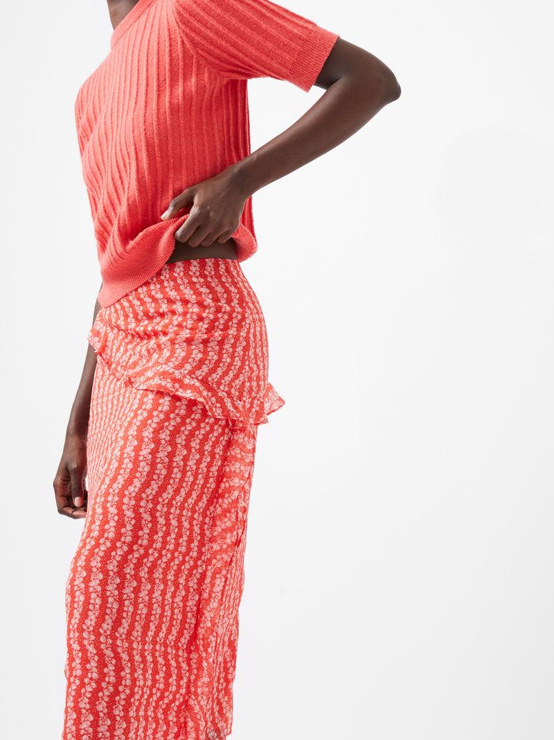 French Connection Frances Recycled Crinkle Ruffle Midi Skirt Cayenne Red/White