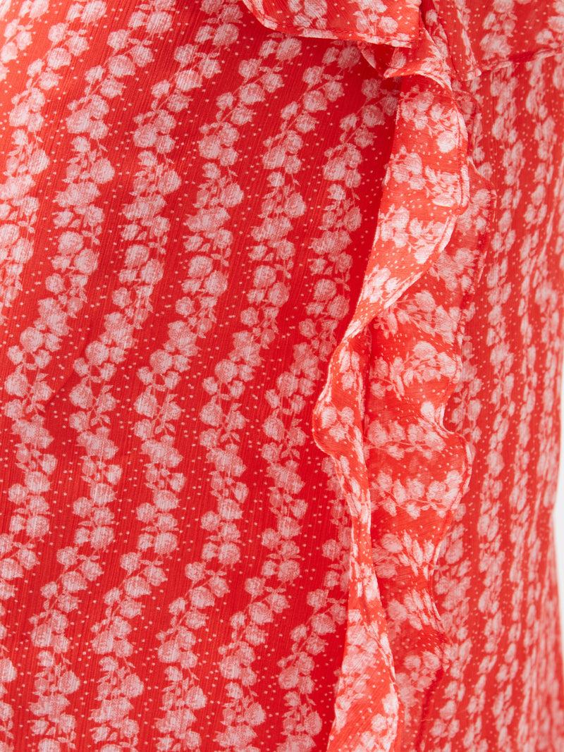 French Connection Frances Recycled Crinkle Ruffle Midi Skirt Cayenne Red/White