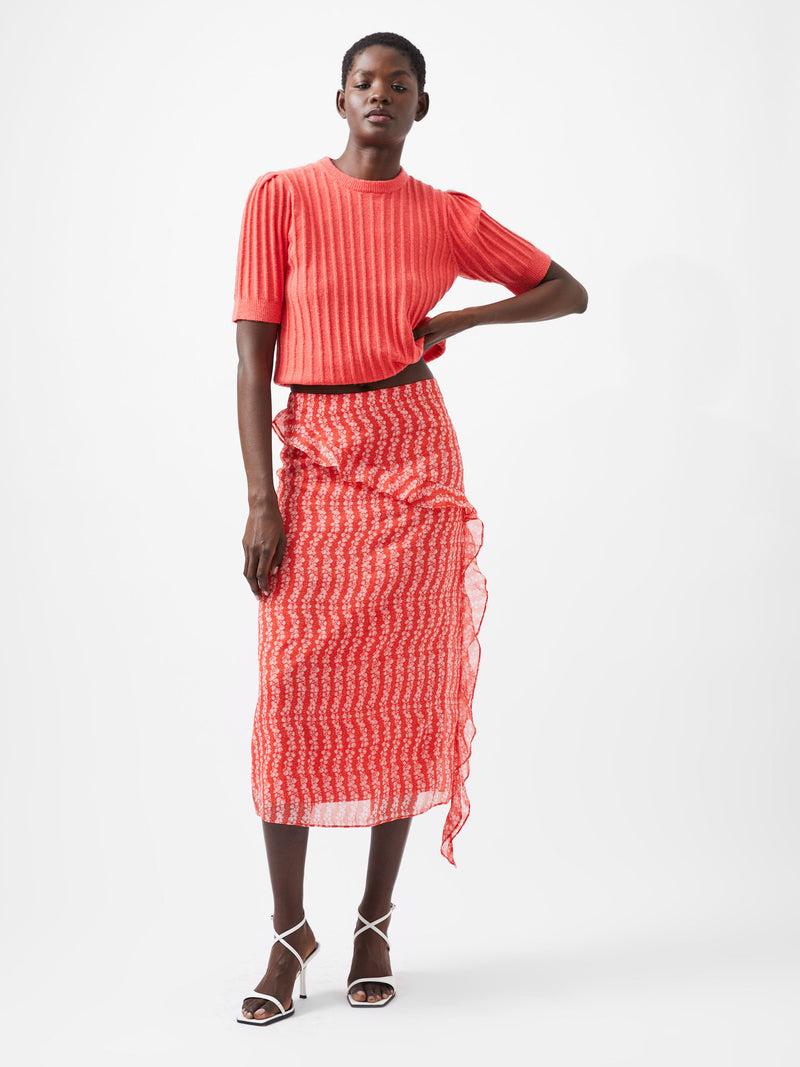 French Connection Frances Recycled Crinkle Ruffle Midi Skirt Cayenne Red/White