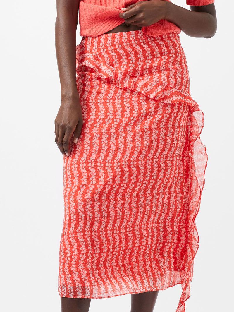 french connection Frances Recycled Crinkle Ruffle Midi Skirt Cayenne Red/White