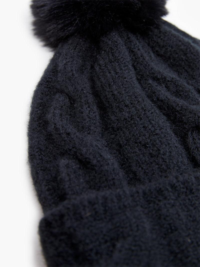 French Connection Cable Knit Pom-Pom Beanie Black