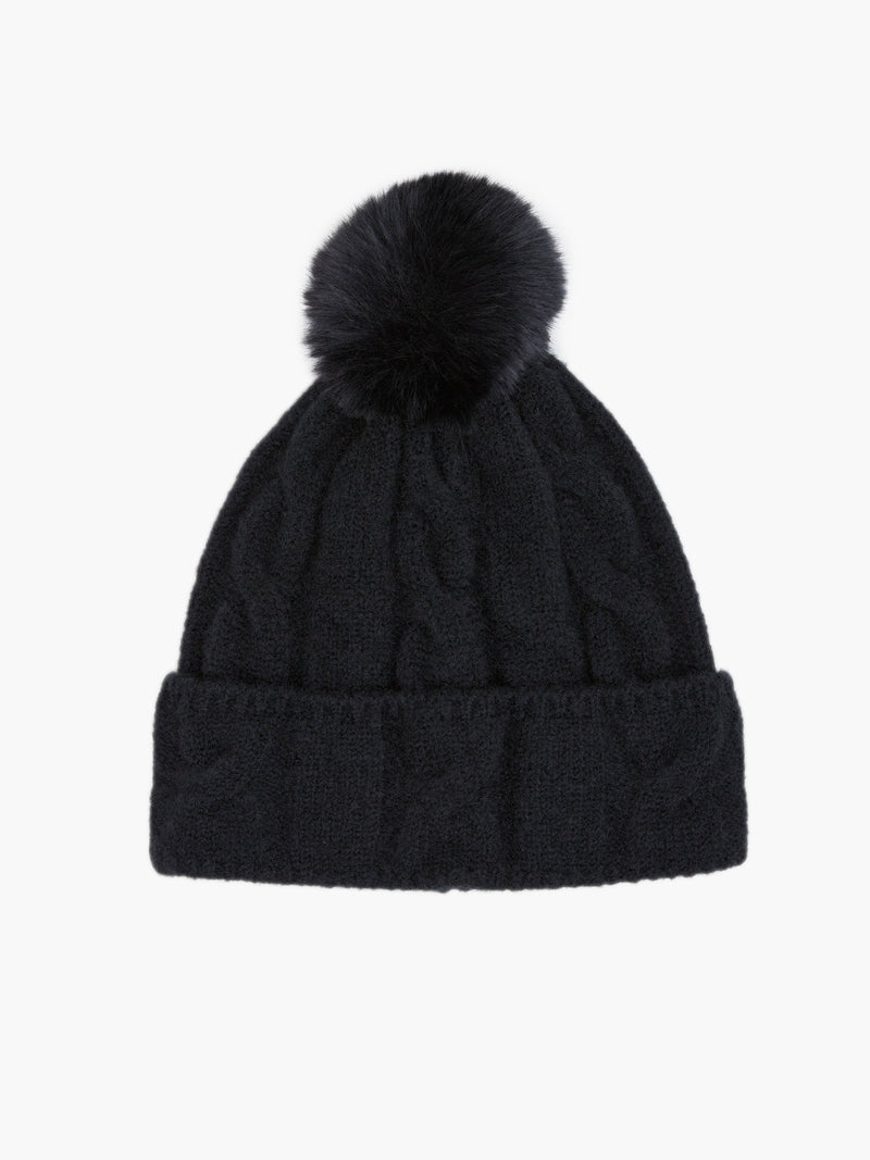 french connection Cable Knit Pom-Pom Beanie Black