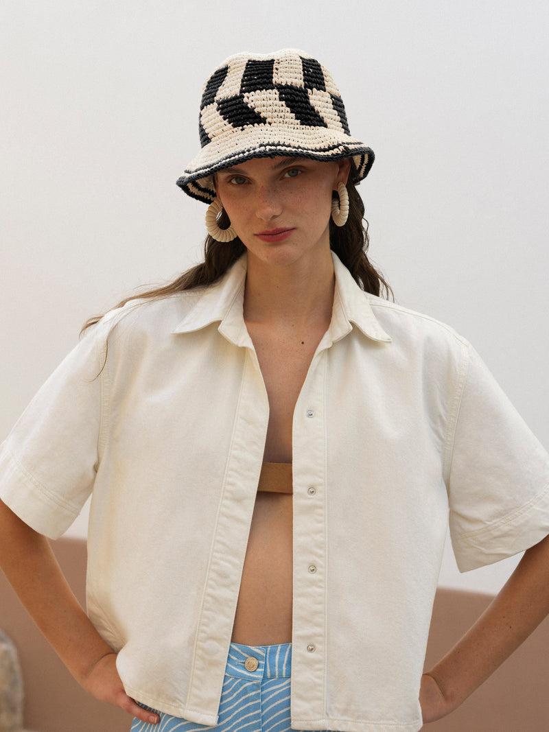 French Connection Crochet Hat Ecru/Black