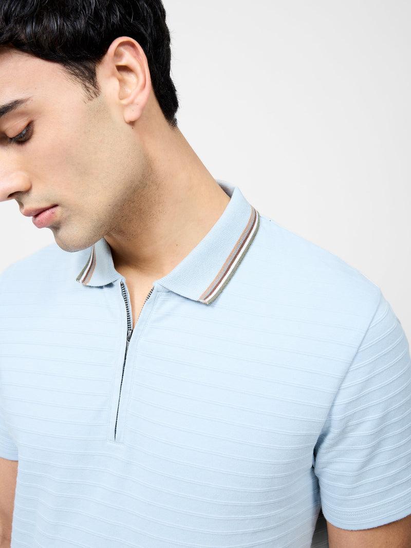 French Connection Tipped Collar Zip Polo Shirt Sky